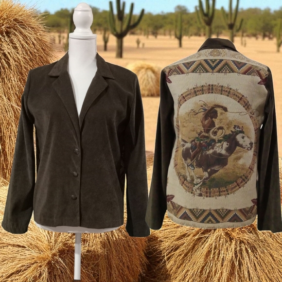 Panhandle Slim Cowboy Print Jacket - Brown and Cream WOMEN'S SMALL VGC - Picture 1 of 11